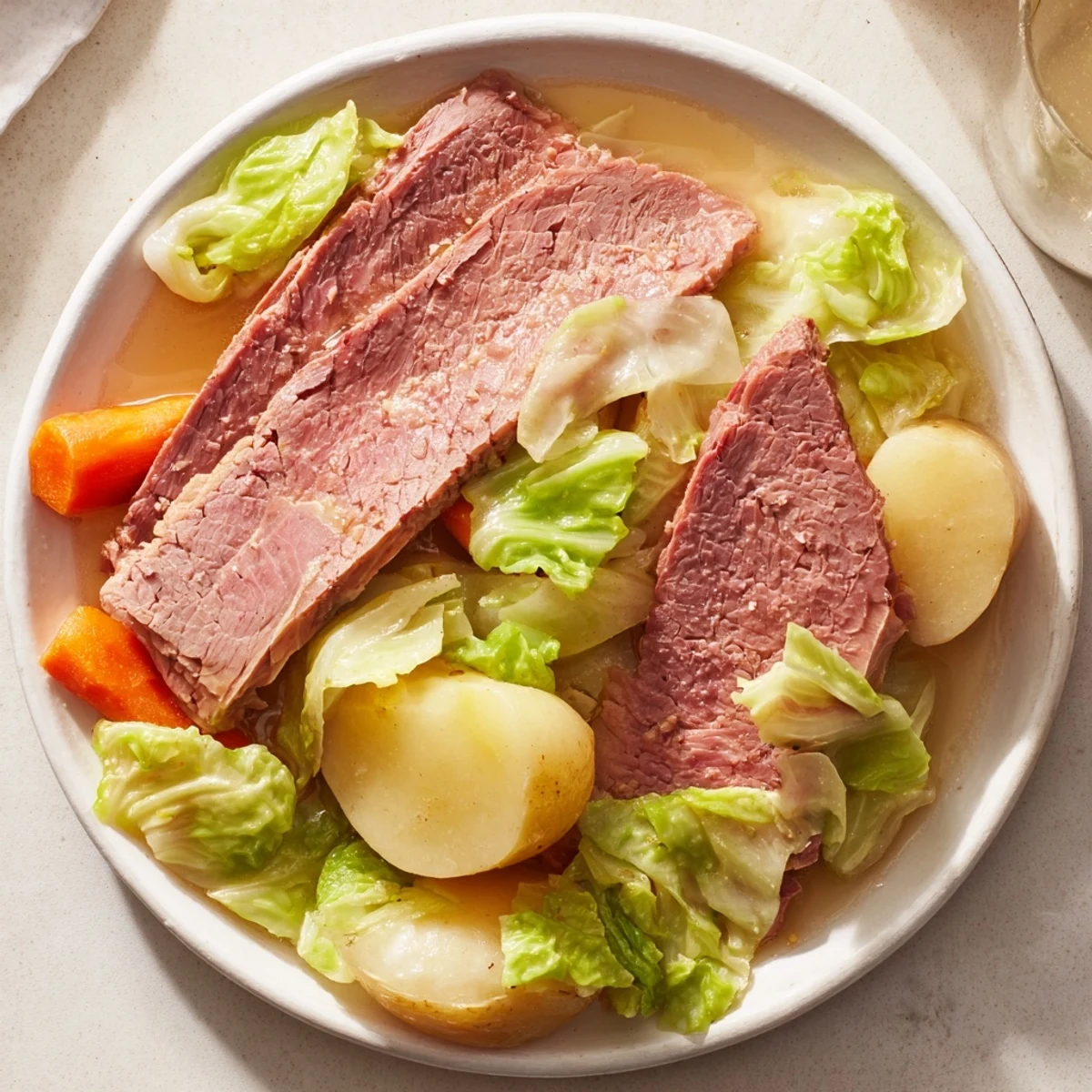 A St. Patrick's Day feast of corned beef and cabbage, with tender meat, colorful veggies, and a side of horseradish sauce.