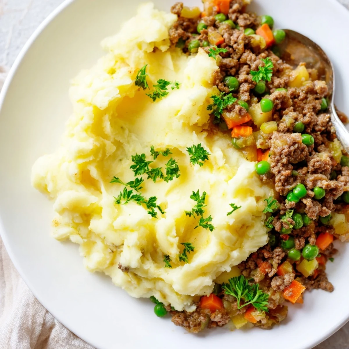 Hearty, baked Beef Shepherds Pie with savory beef, vibrant green peas, and creamy mashed potatoes, served in a white baking dish.  