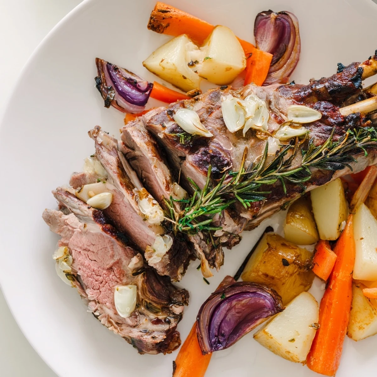 Golden-brown roasted lamb with root vegetables on a rustic serving platter, glistening with herbs and pan juices.