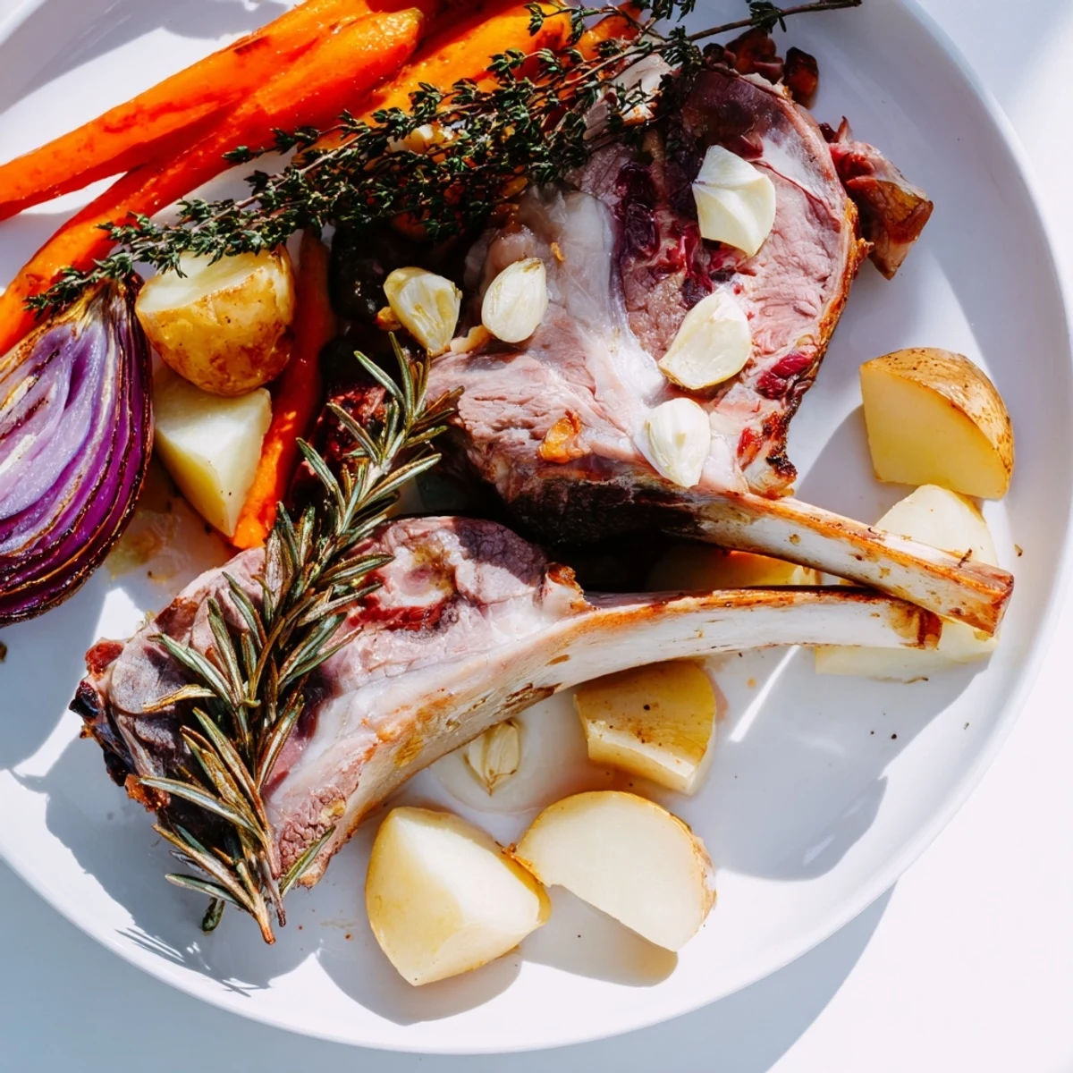 Roasted Lamb with Root Vegetables rests on a wooden board, surrounded by caramelized carrots, parsnips, and potatoes.