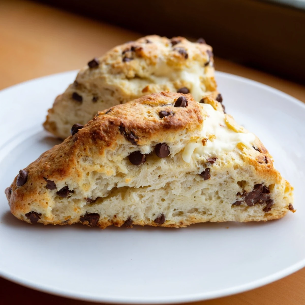 Warm chocolate chip scones on a white plate next to a cup of steaming black coffee, highlighting a perfect breakfast or brunch treat.