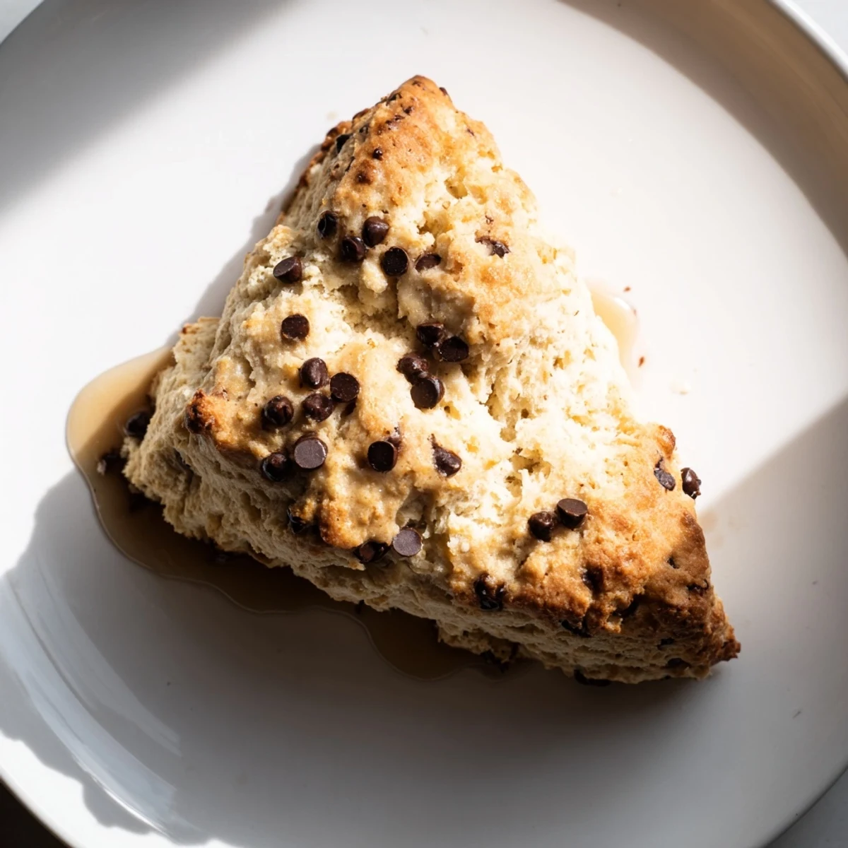 Two buttery chocolate chip scones cut open to show the soft, tender interior and abundant chocolate chips, ideal for afternoon tea or snacks.