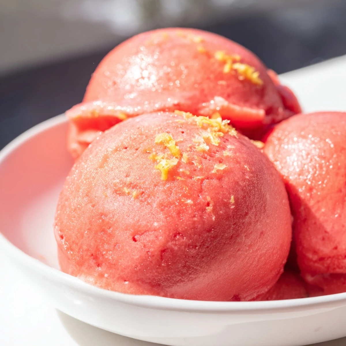 Scoops of homemade Strawberry Lemonade Sorbet topped with sliced strawberries, ready for a sunny, outdoor dessert serving.
