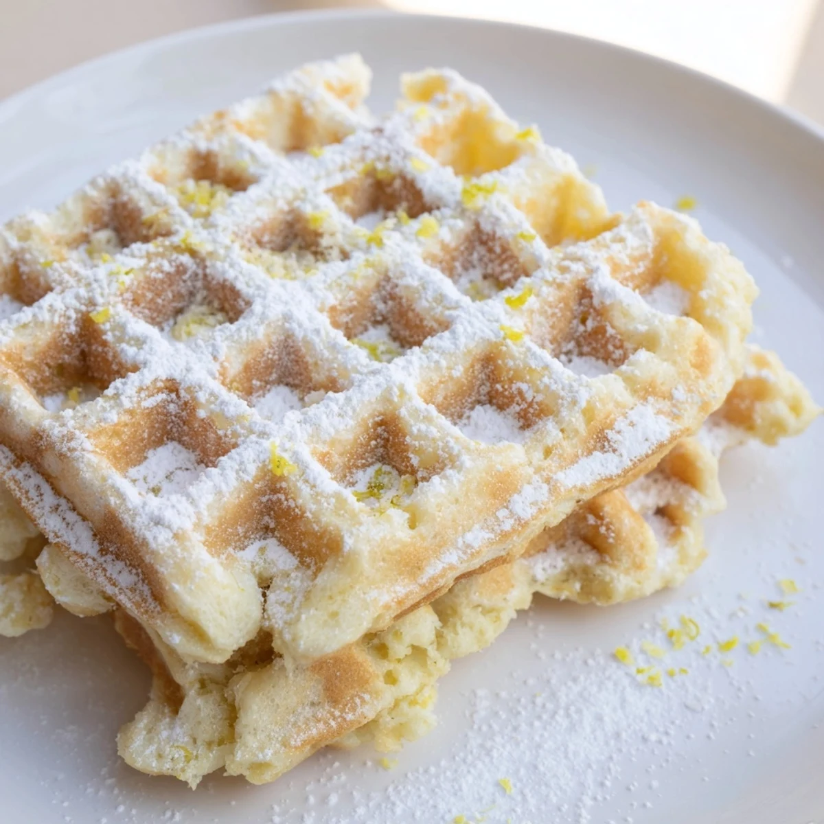 Golden-brown Lemon Ricotta Waffles fresh from the iron, drizzled with maple syrup and topped with fresh blueberries.