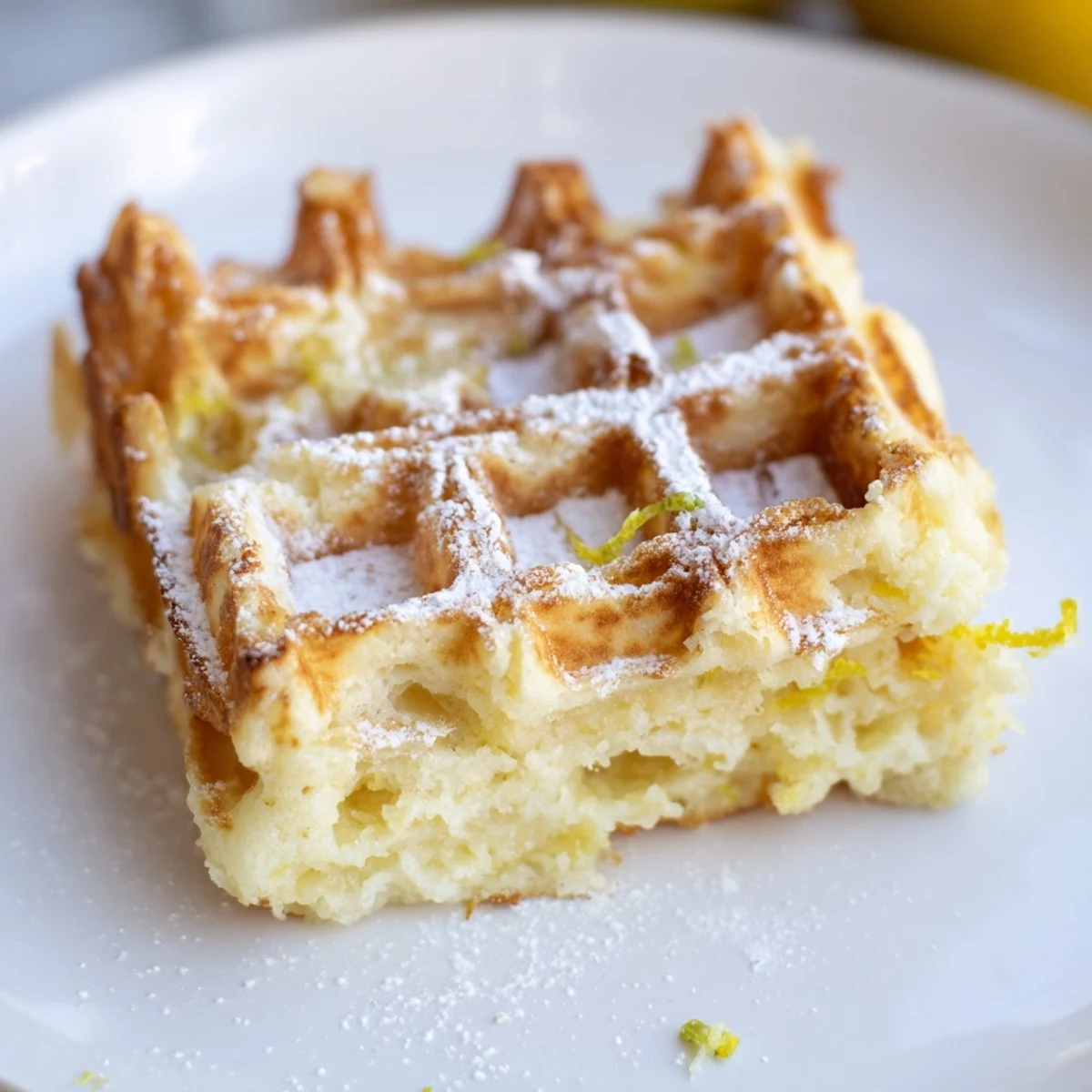 Close-up of a single Lemon Ricotta Waffle showing its airy interior and crispy, golden edges on a white plate.