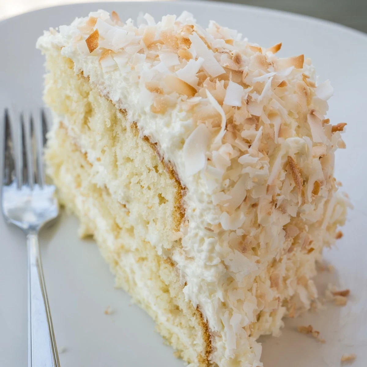A slice of fluffy Easter Coconut Cake on a pastel plate, layered with creamy frosting and toasted coconut flakes for spring celebrations.  