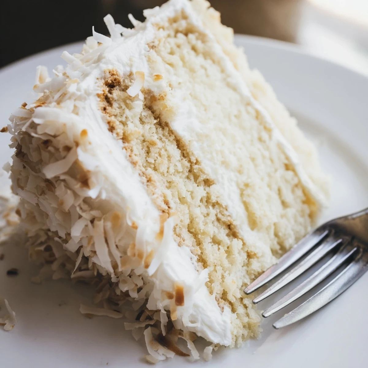 Moist homemade Easter Coconut Cake with coconut cream frosting and optional candy eggs, ideal for spring holiday dessert photos.