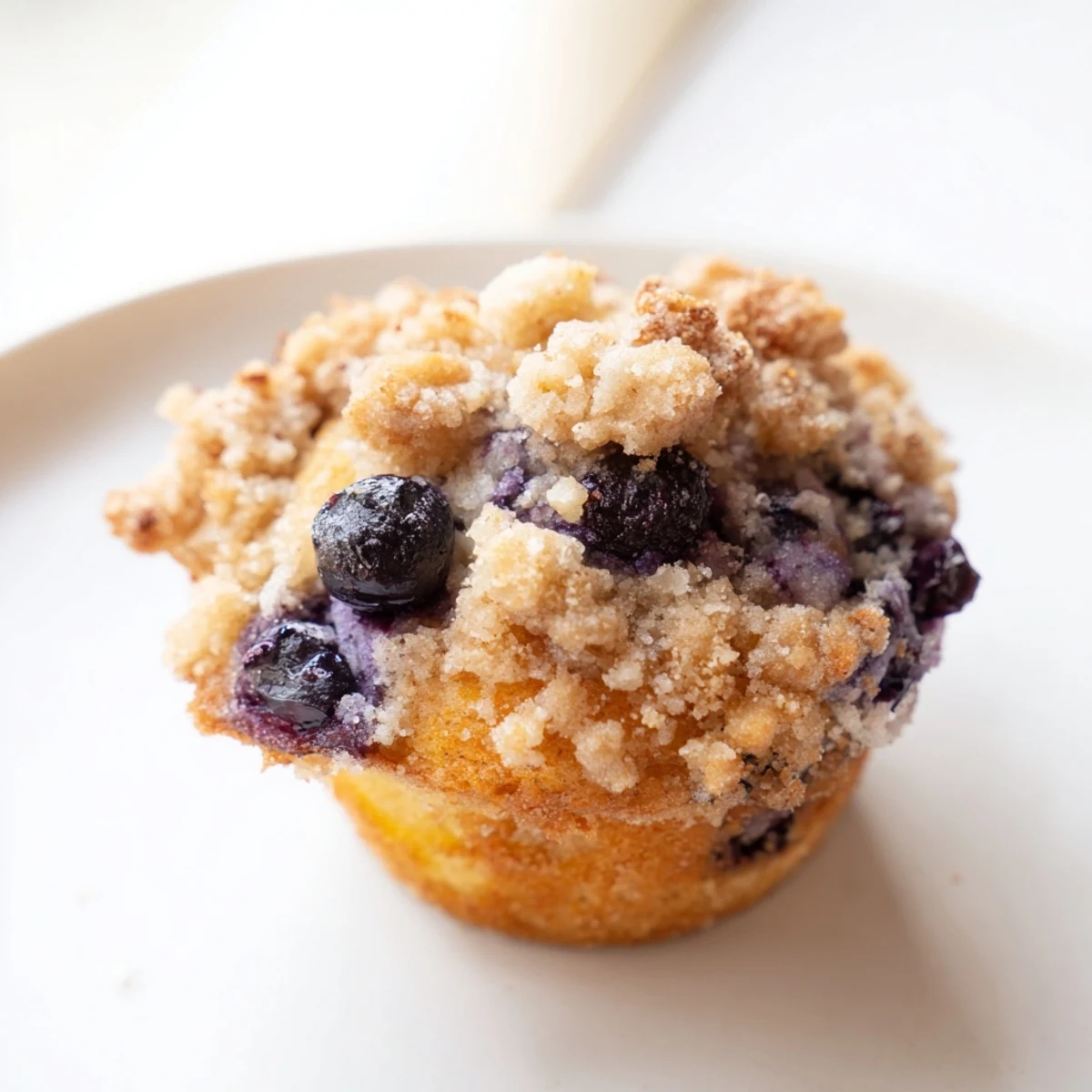 A close-up of Lemon Blueberry Muffins with Streusel, golden crumbly topping on moist muffins with fresh blueberries.
