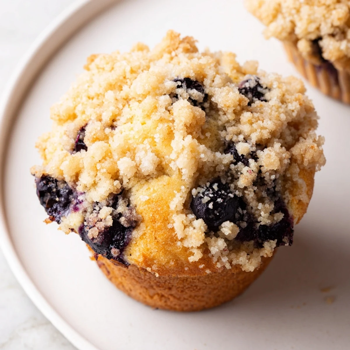 Moist Lemon Blueberry Muffins with Streusel on a cooling rack, vibrant blueberries peeking through buttery crumbs, ready to serve.
