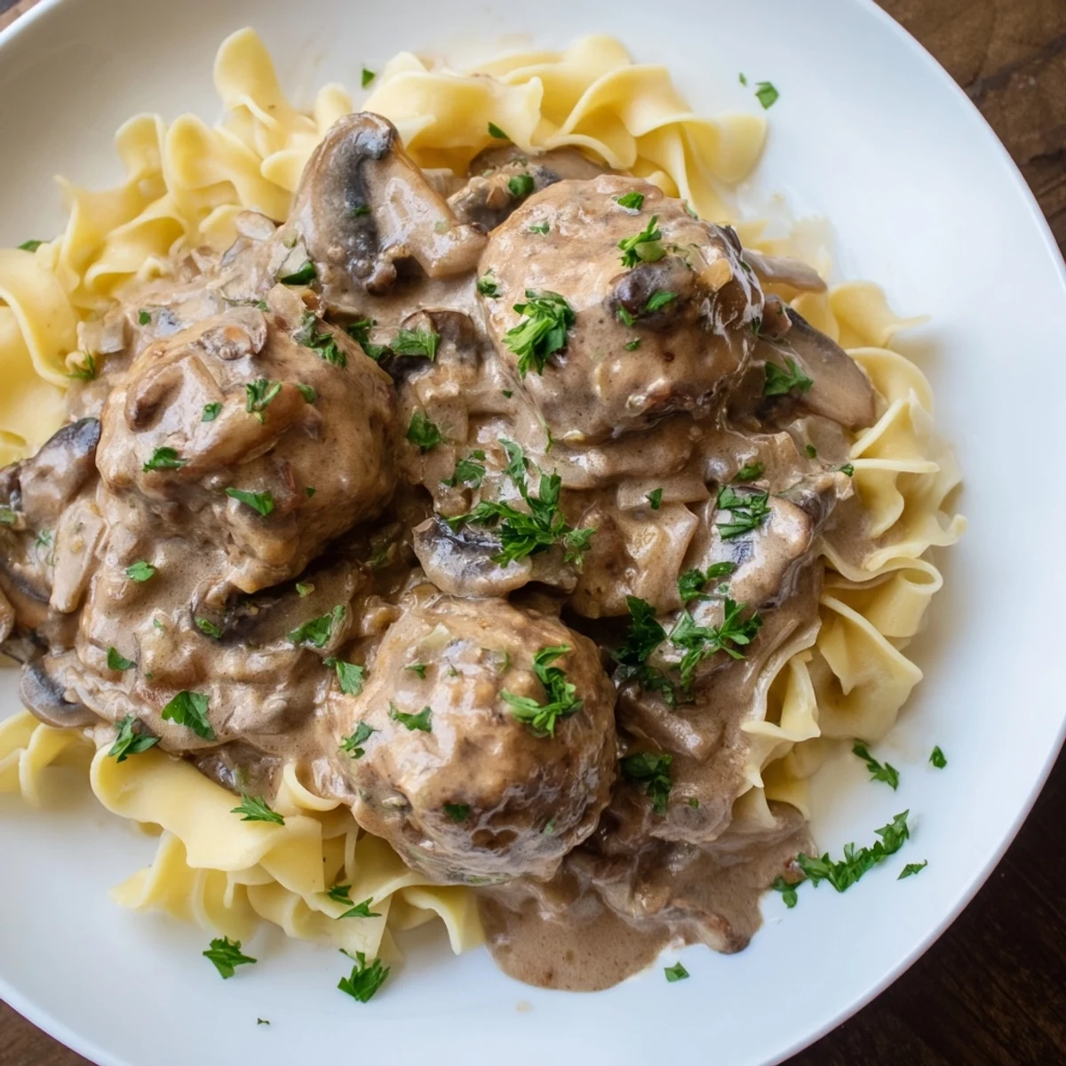 Golden-brown turkey meatballs in creamy mushroom stroganoff sauce served over tender egg noodles.