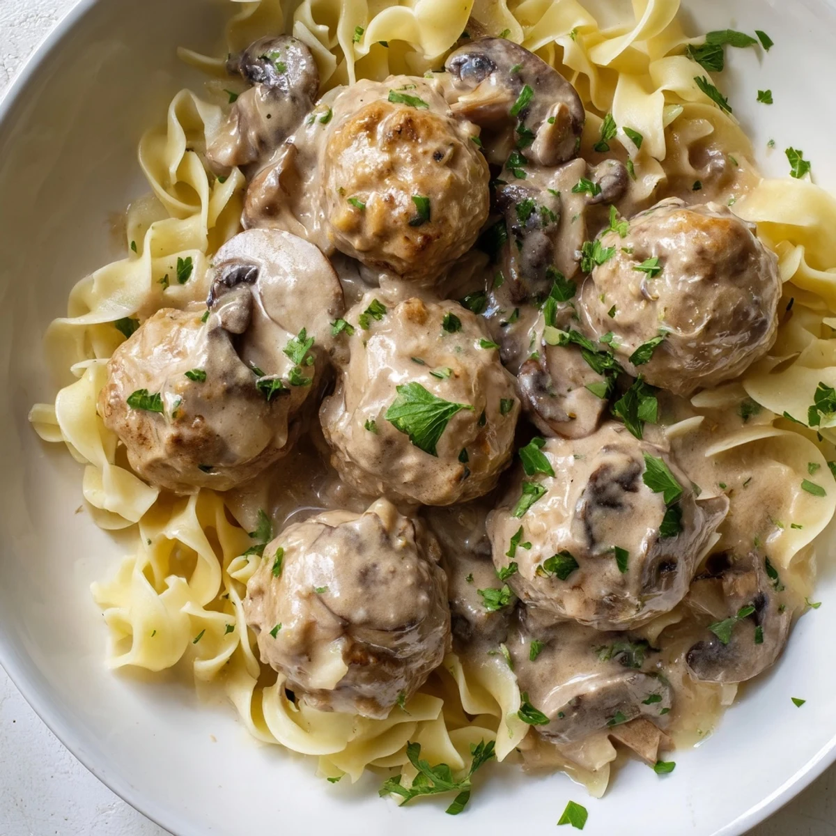 Turkey Meatball Stroganoff features rich savory flavors with fresh parsley garnish on a cozy dinner plate.