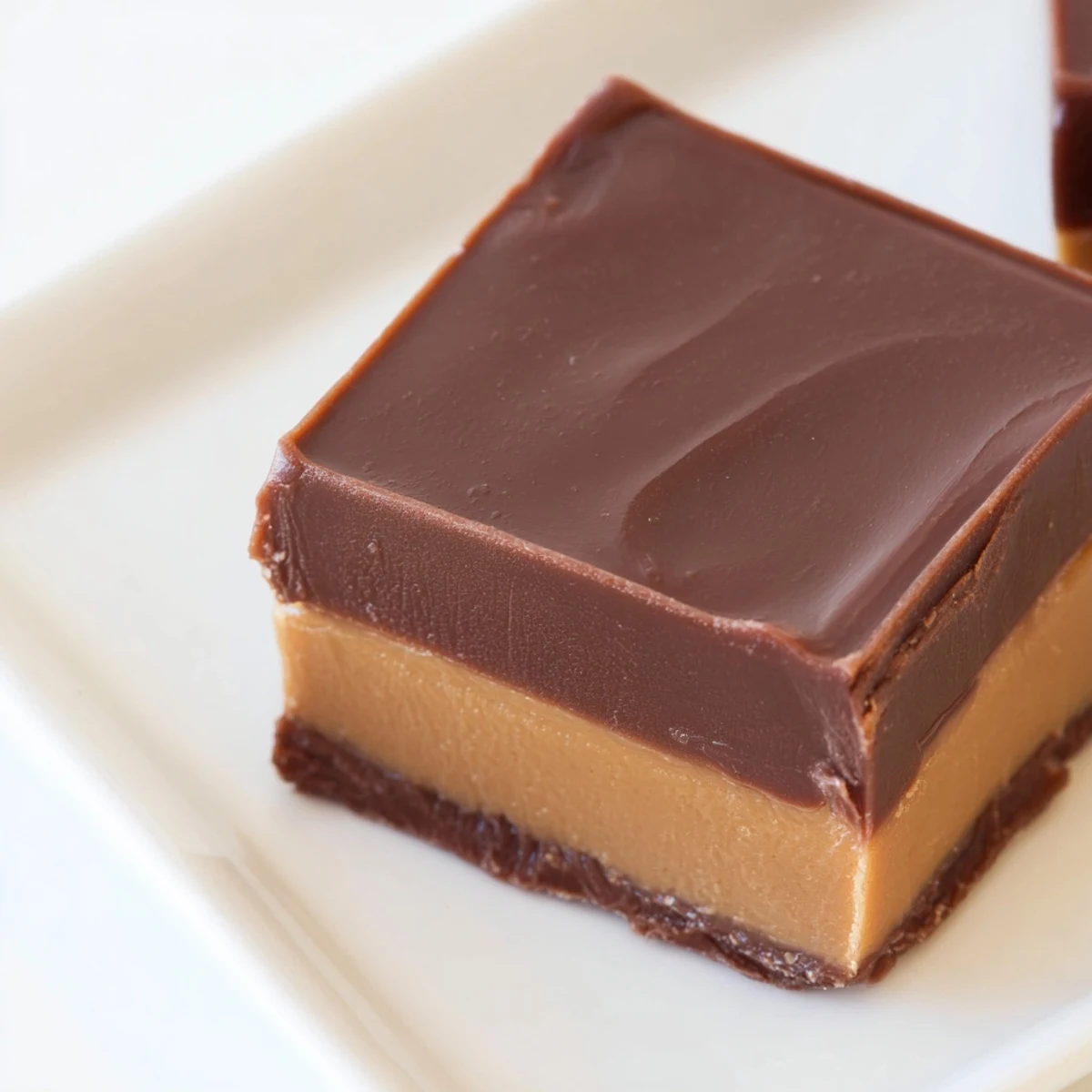 This image shows Chocolate Peanut Butter Fudge squares with a glossy chocolate top on a marble countertop.