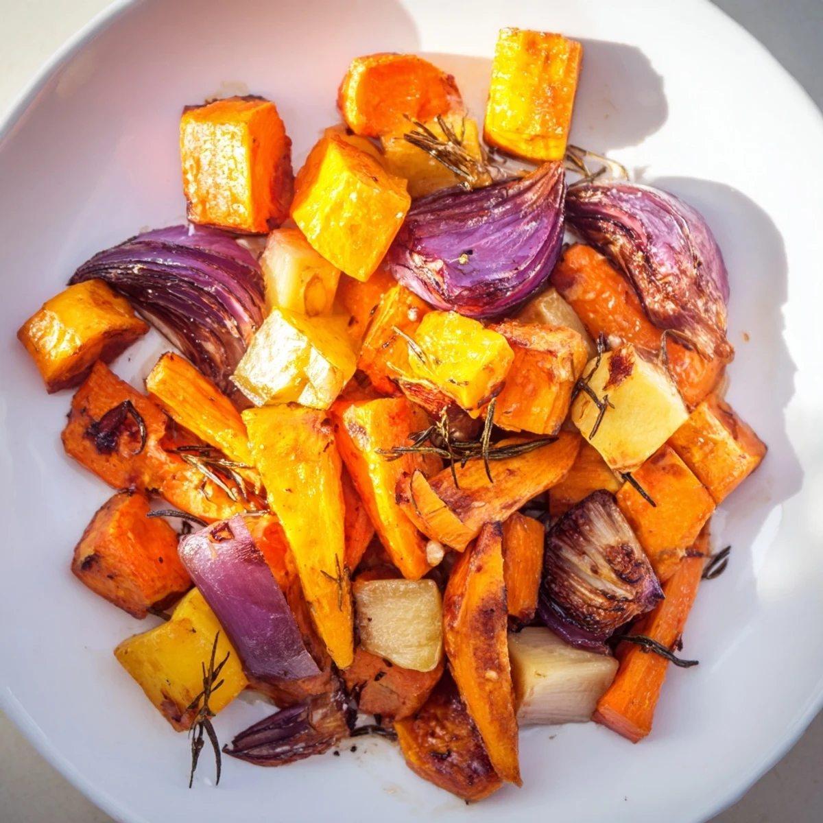 A close-up of roasted root vegetables with balsamic glaze on a platter, glistening with caramelization and herbs.