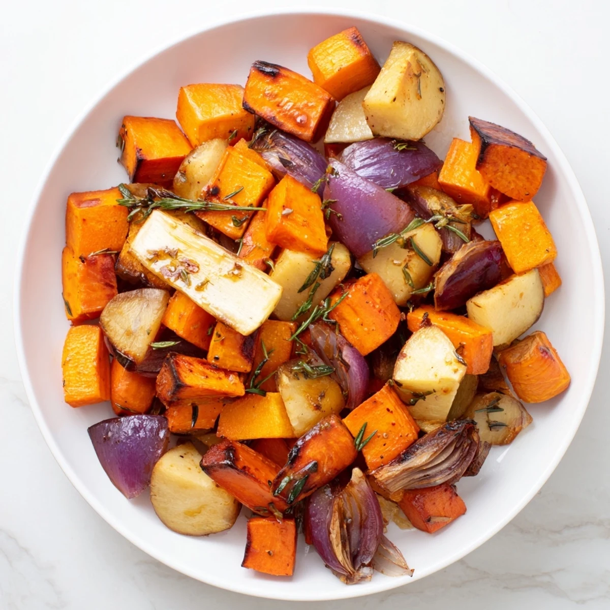 Golden roasted root vegetables with balsamic glaze arranged on a rustic wooden board with fresh thyme sprigs nearby.