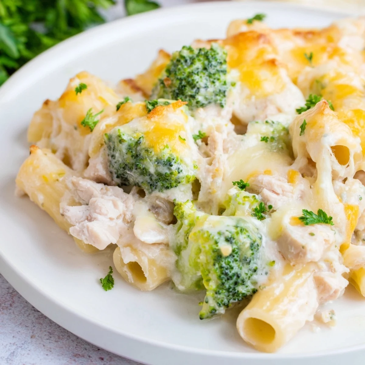Golden, bubbly Chicken Alfredo Bake with Broccoli emerges from the oven, featuring creamy sauce-coated pasta and tender chicken pieces.  