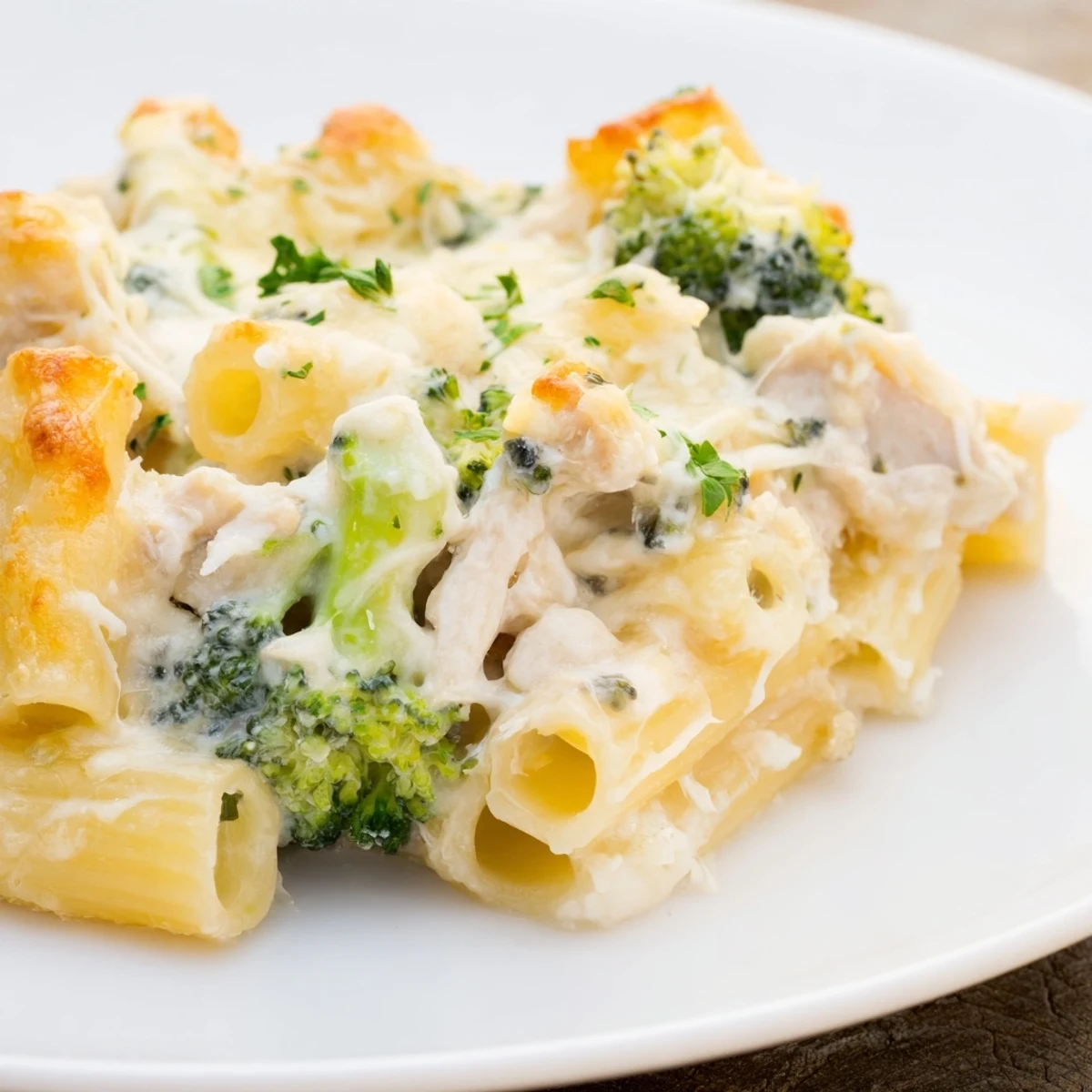 Serving suggestion for Chicken Alfredo Bake with Broccoli, plated with a side salad for a comforting Italian-American dinner.