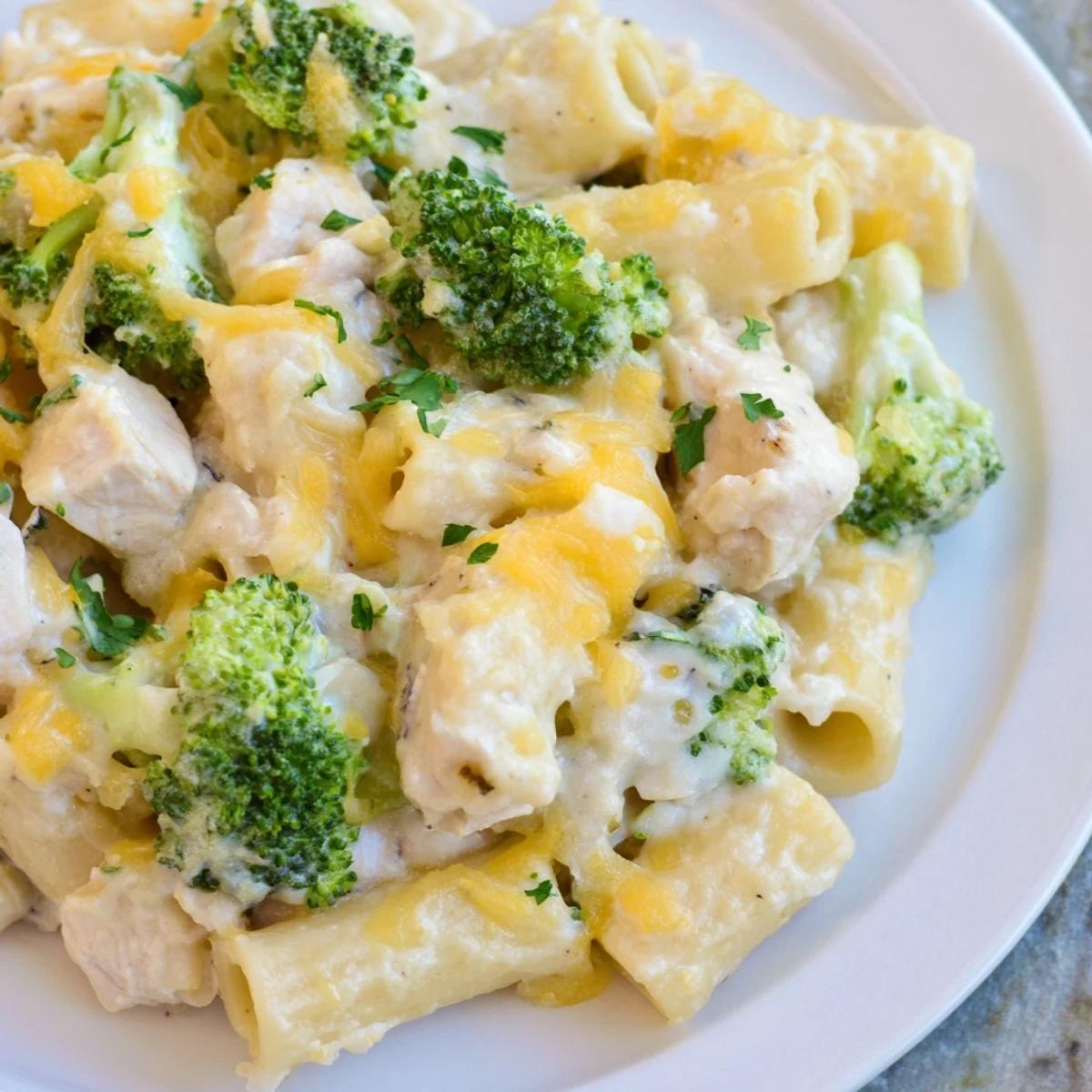 Close-up of Chicken Alfredo Bake with Broccoli in a white dish, steam rising from melted cheese and fresh green broccoli florets.  