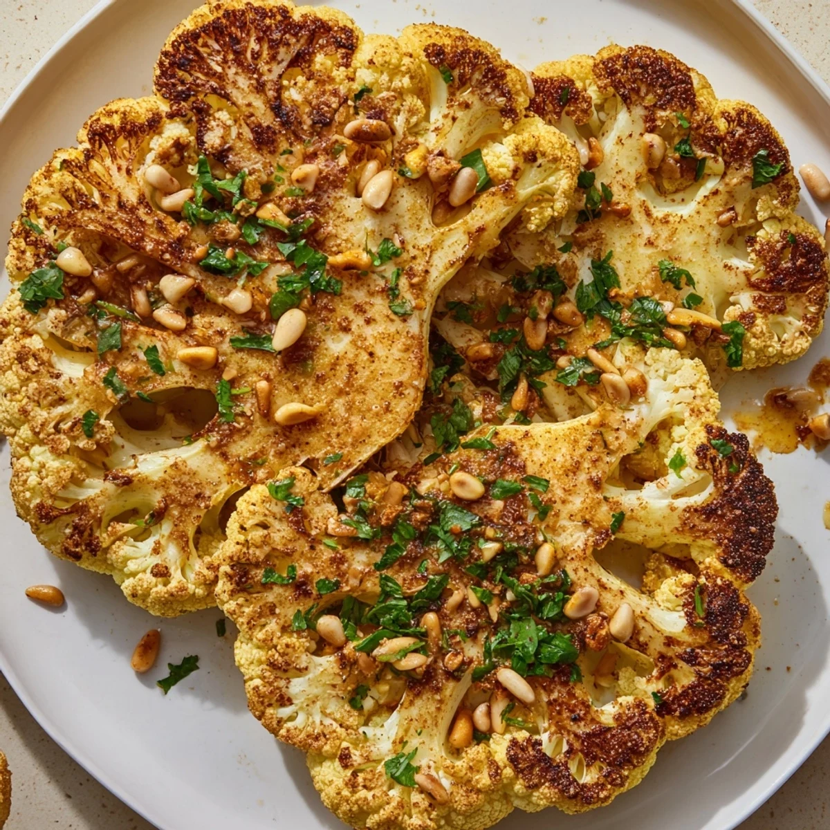 Golden roasted cauliflower steaks topped with fresh parsley and pine nuts, served with lemon wedges on a platter.