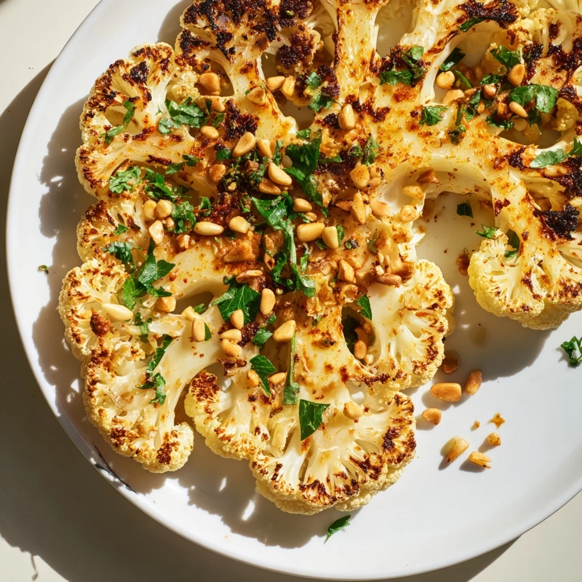 Roasted cauliflower steaks rest on a baking sheet with crispy edges and aromatic paprika seasoning.