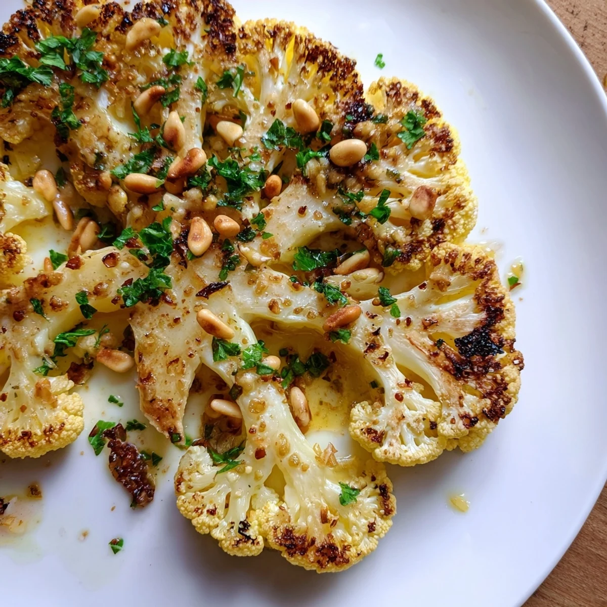 Hearty vegetarian cauliflower steaks garnished with parsley and pine nuts, ready to serve as a main dish.