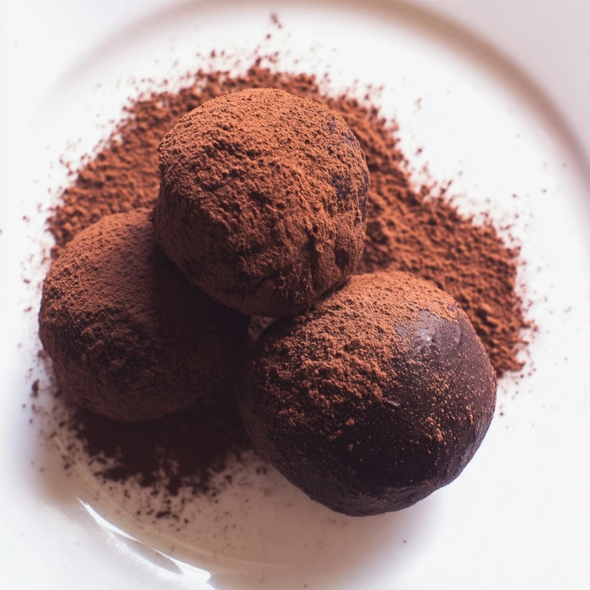 A close-up of Chocolate Truffles with Cocoa Powder, rolled in dark cocoa powder and arranged neatly on a white plate.  