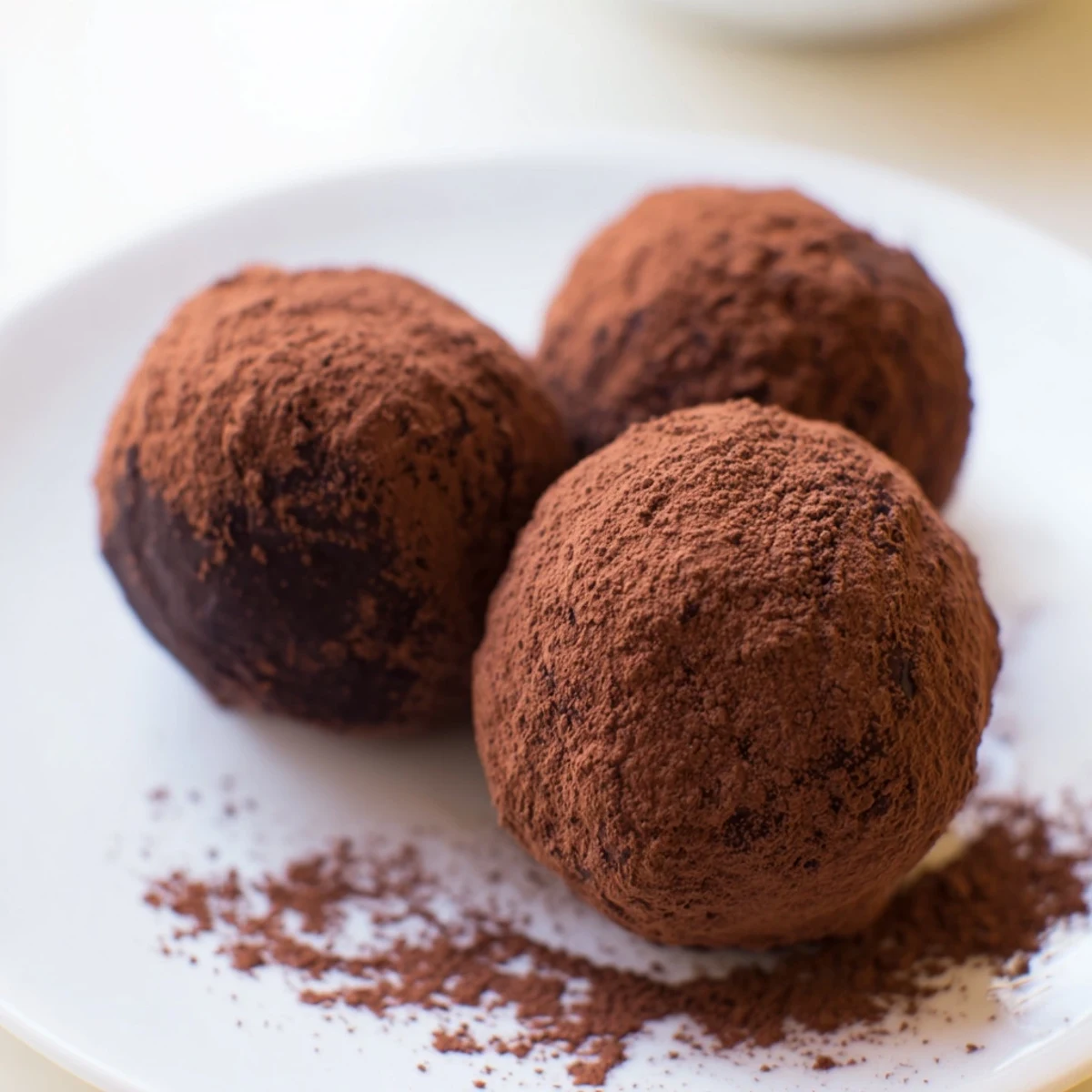Rich Chocolate Truffles with Cocoa Powder dusted on top, displayed on a small marble platter beside a cup of coffee.  