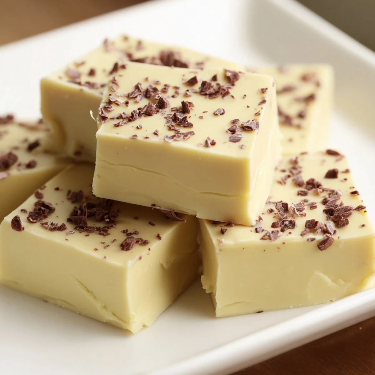 Rich Irish Cream Fudge pieces stacked and served on a dessert plate.