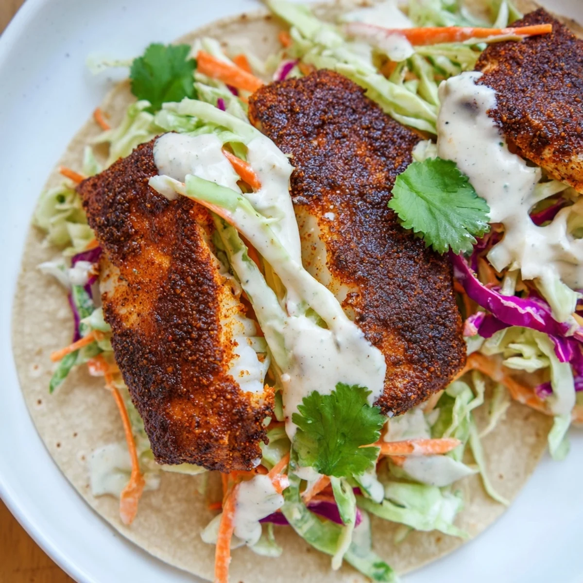 Golden seared Cajun Blackened Fish Tacos with fresh lime wedges and jalapeños ready to serve.