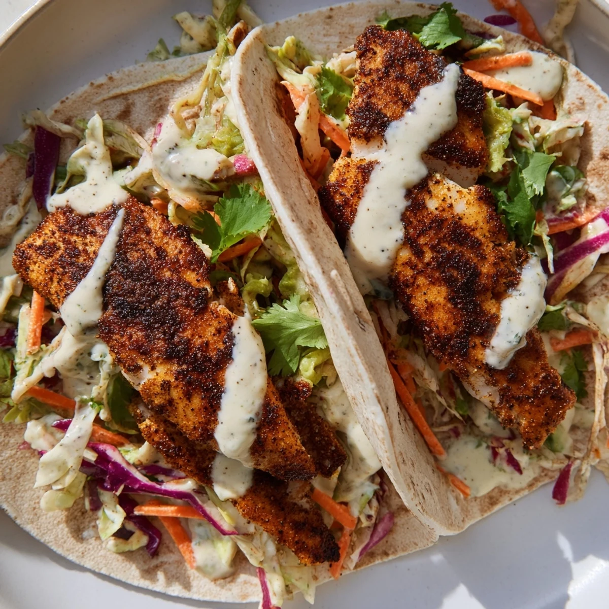 Steaming Cajun Blackened Fish Tacos stacked high with crisp slaw and creamy drizzle on a plate.