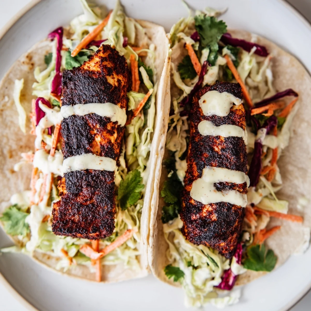 Freshly prepared Cajun Blackened Fish Tacos filled with smoky fish, crunchy slaw, and warm tortillas.