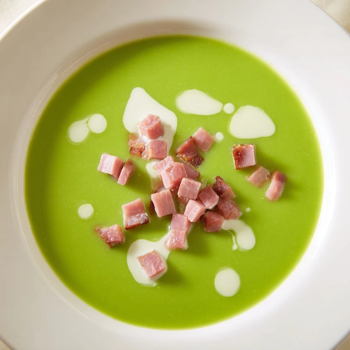 Spring Pea Soup with Turkey Ham topped with extra diced ham and fresh mint leaves, ready to serve.