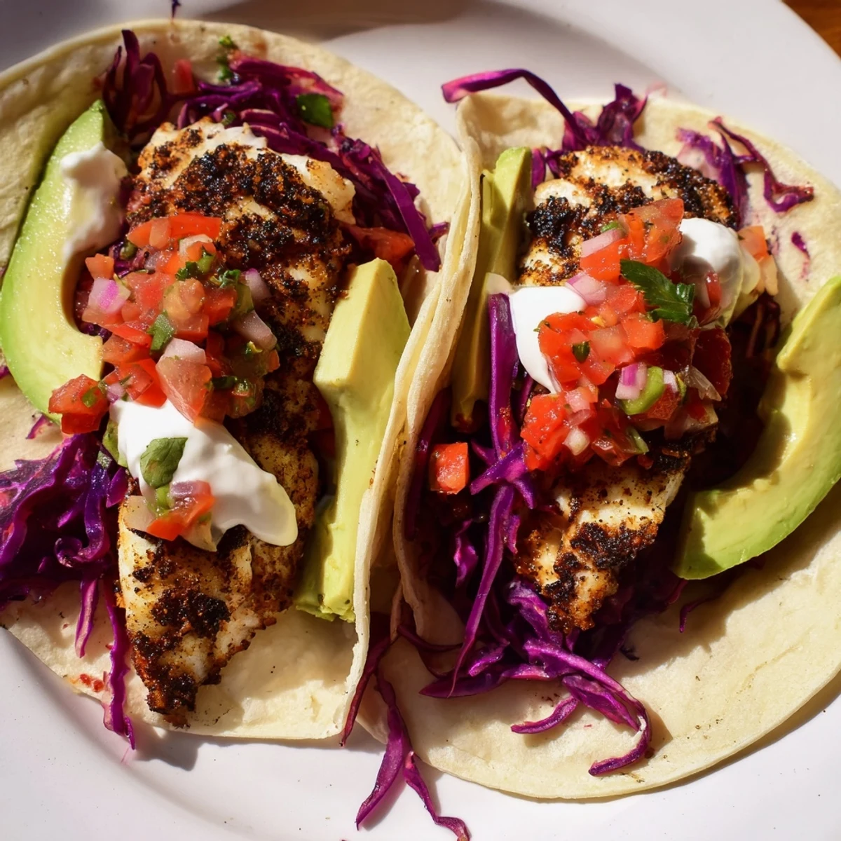 A platter of assembled Cajun Blackened Fish Tacos with Salsa features flaky fish, fresh salsa, and creamy avocado.