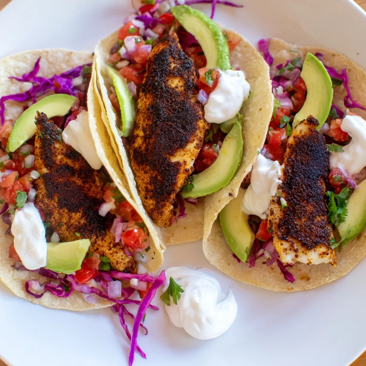 Golden-brown blackened fish fillets sizzle in a cast iron skillet, ready for Cajun Blackened Fish Tacos with Salsa.