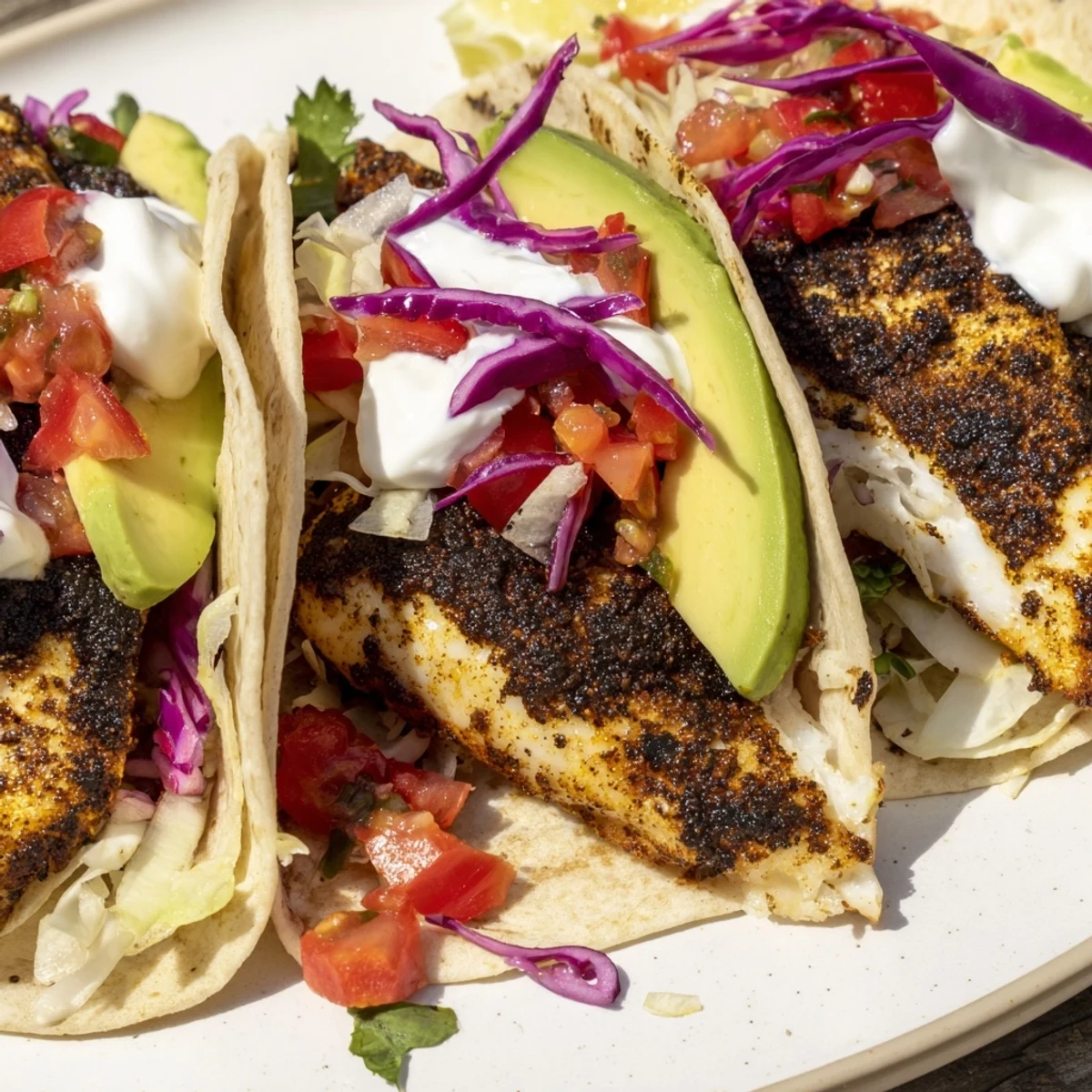 Close-up shot of Cajun Blackened Fish Tacos with Salsa showing vibrant red cabbage slaw and a lime wedge garnish.