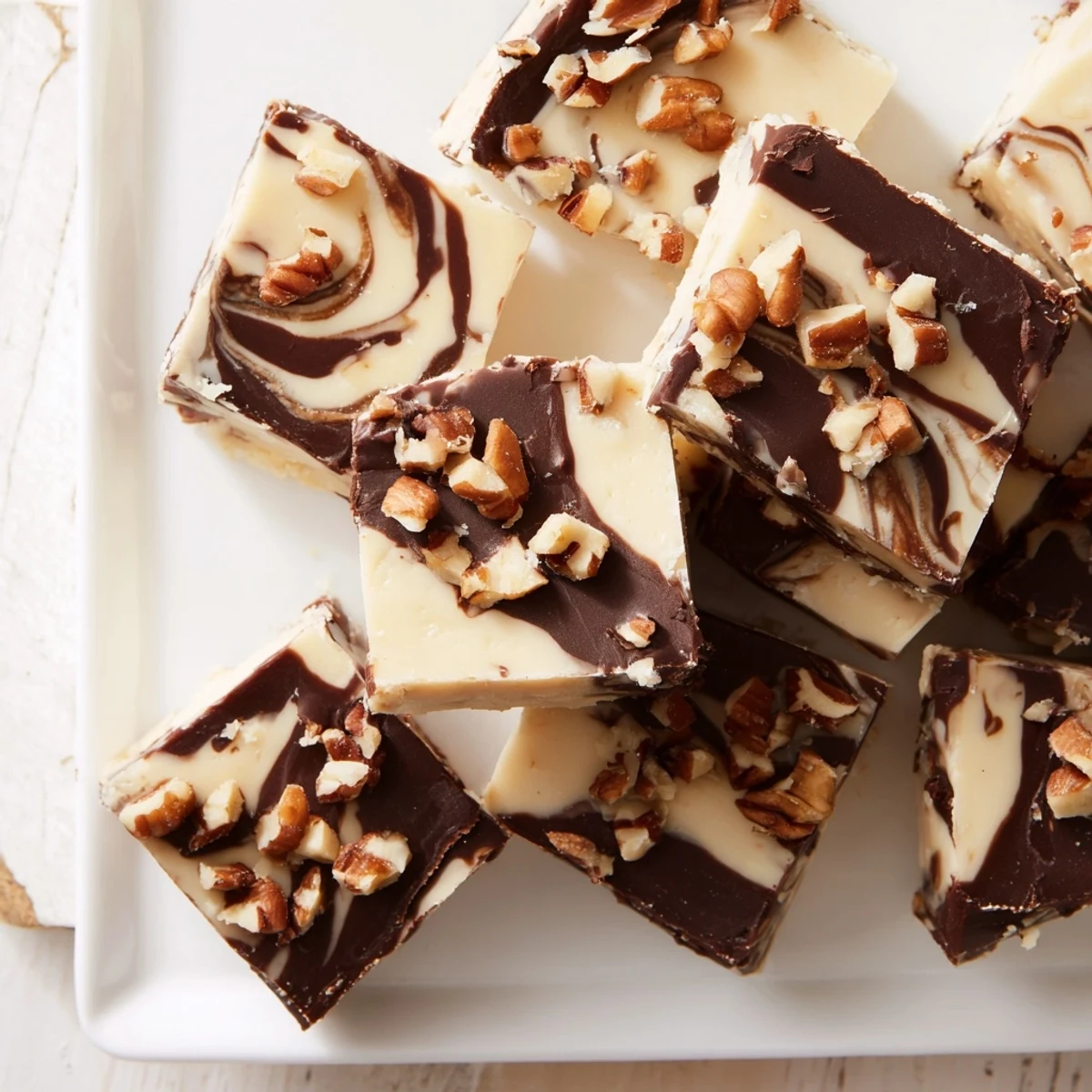 Close-up of homemade Irish Cream Fudge squares on a marble board, with a coffee mug and Irish cream bottle nearby.