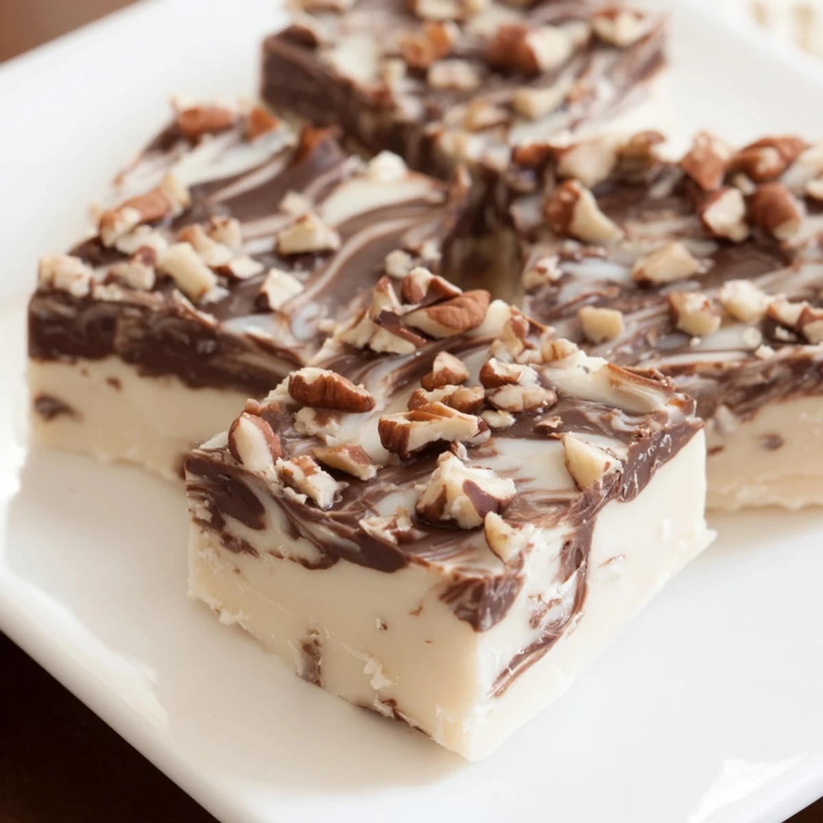 Smooth, creamy Irish Cream Fudge squares with chocolate drizzle, arranged neatly on a white ceramic plate for serving.