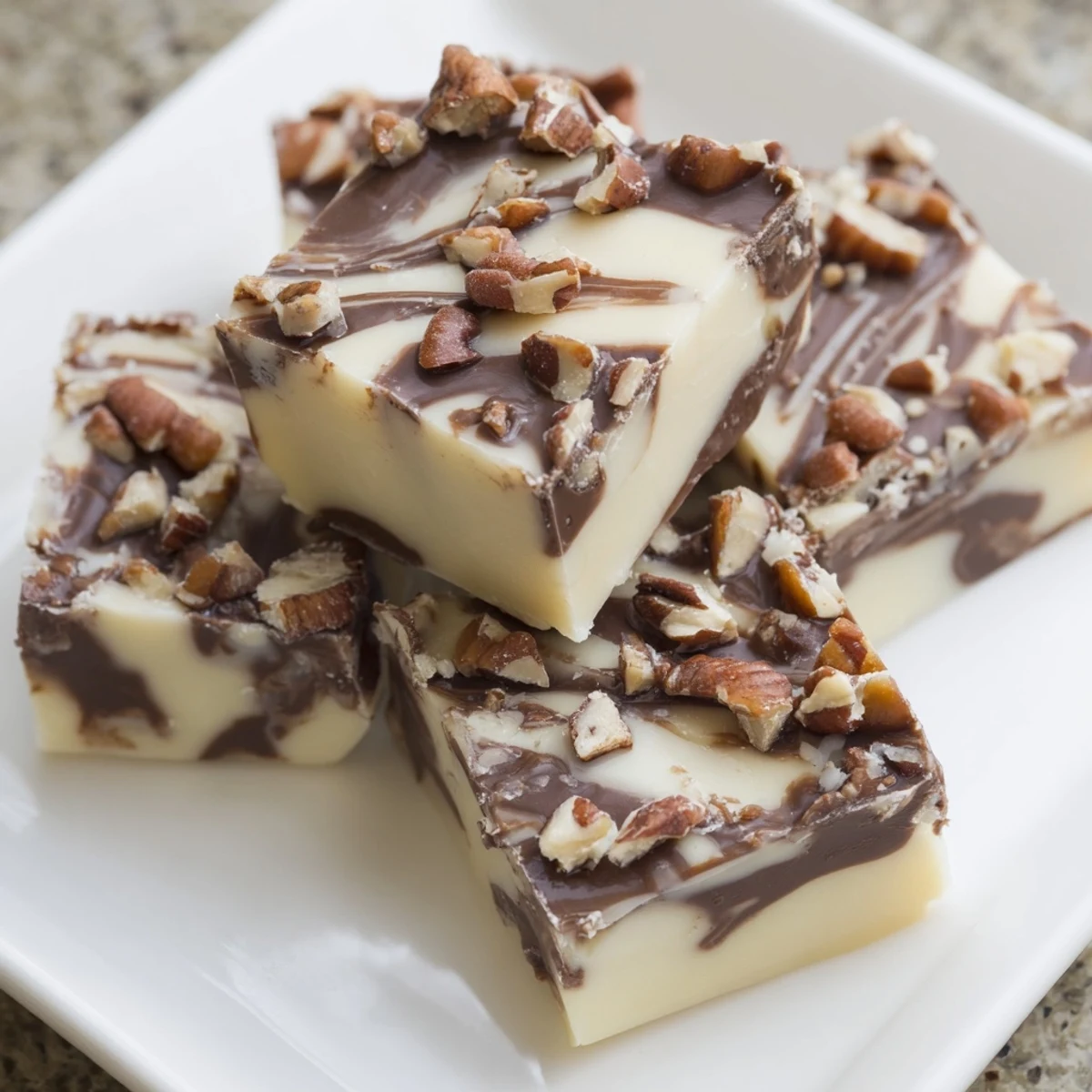 Freshly cut Irish Cream Fudge squares with nuts on a rustic wooden table, perfect for St. Patrick's Day dessert platters.