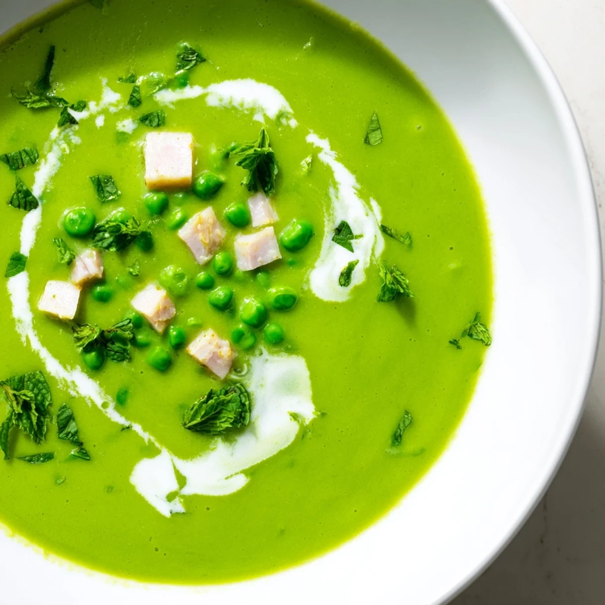 Bright green Spring Pea Soup with Turkey Ham served in a white bowl, garnished with fresh mint and a swirl of creamy crème fraîche.
