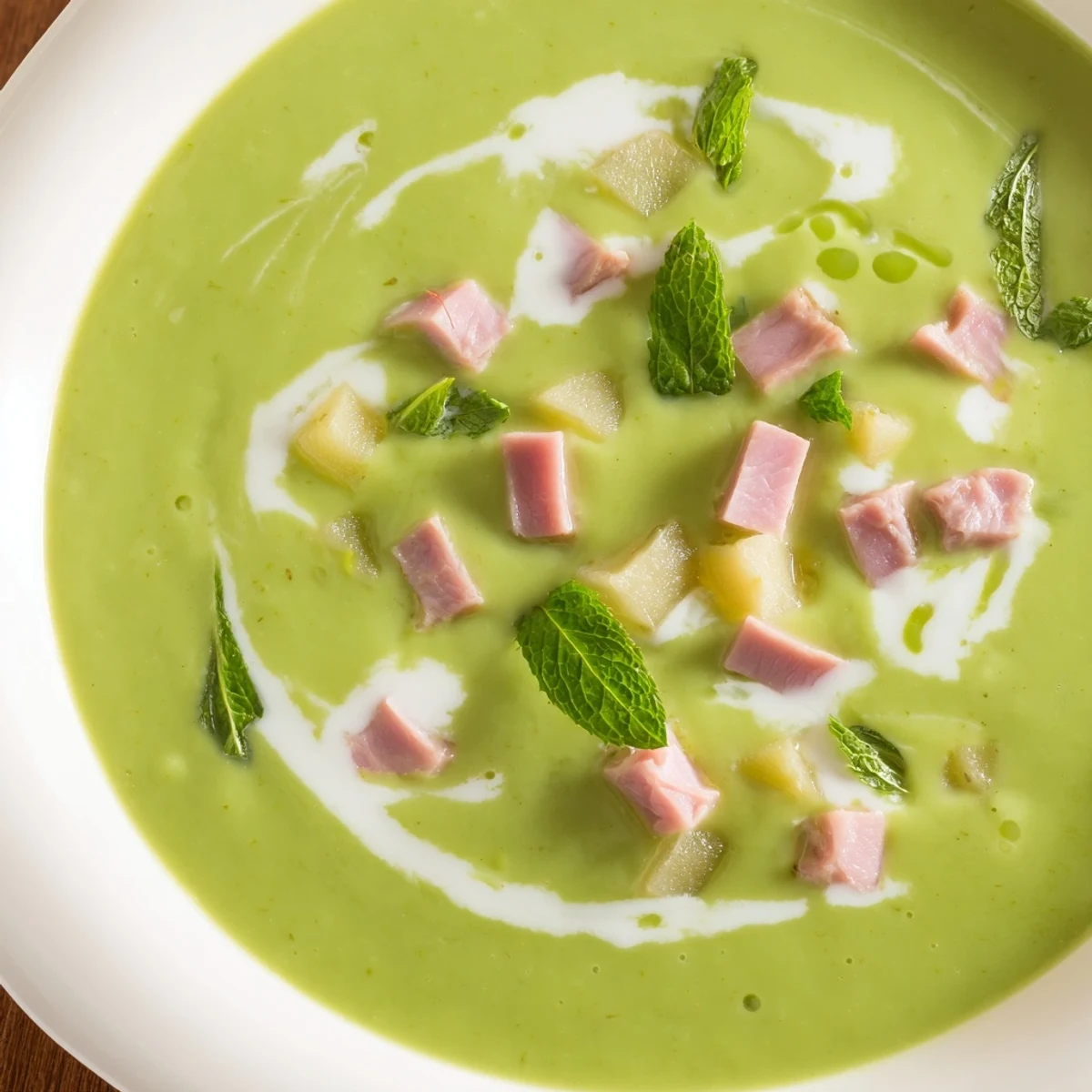 Smooth Spring Pea Soup with Turkey Ham steaming in a rustic bowl, paired with crusty artisan bread for dipping on the side.