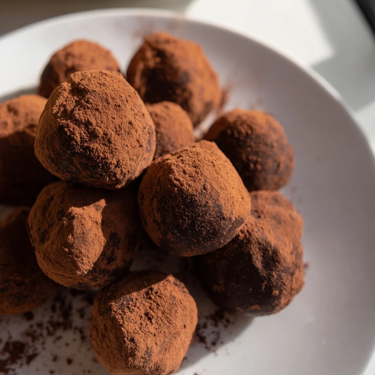 A close-up of homemade chocolate truffles with cocoa powder, ready to be served on a small white plate.