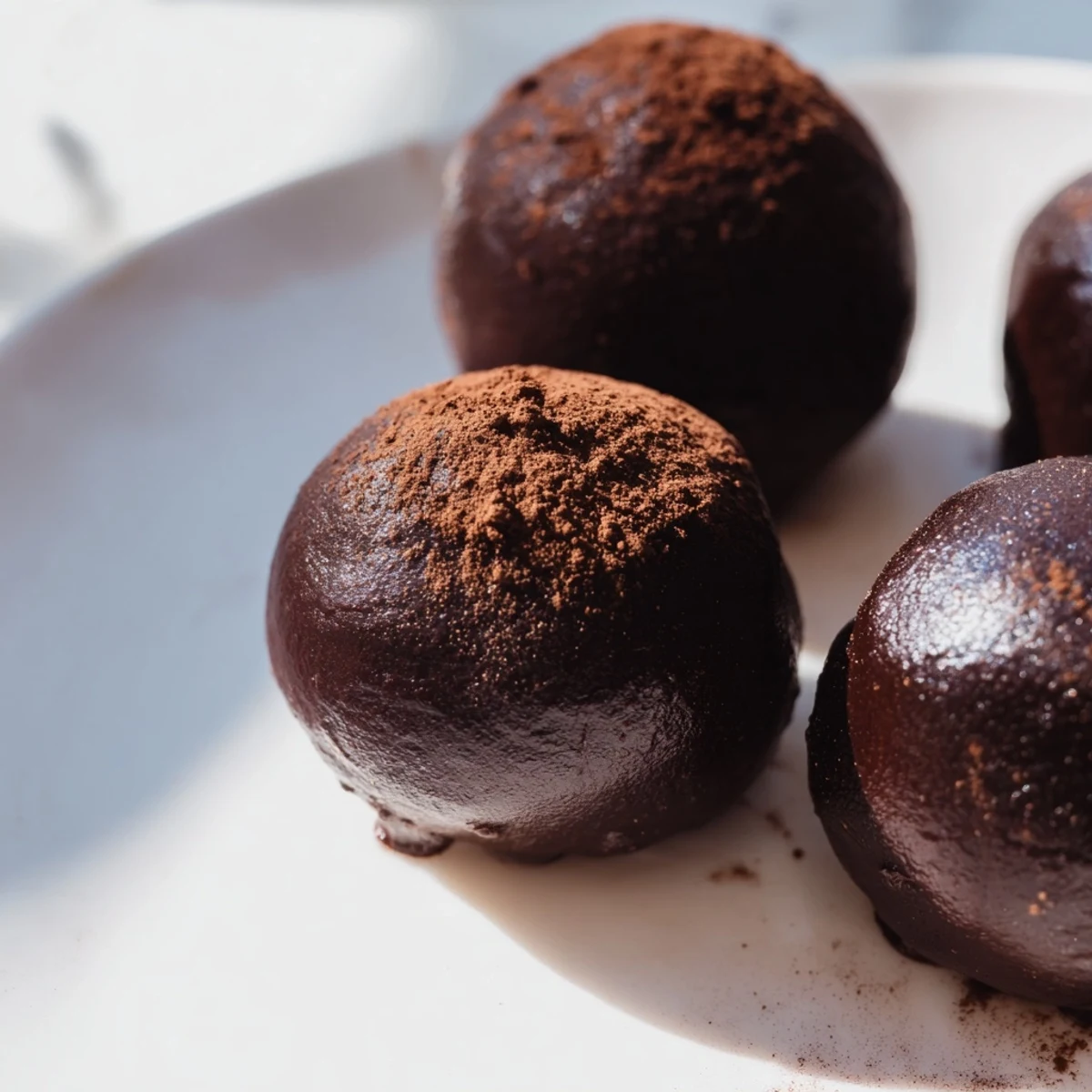 A hand holding a rich cocoa-dusted chocolate truffle, with more truffles in the background.