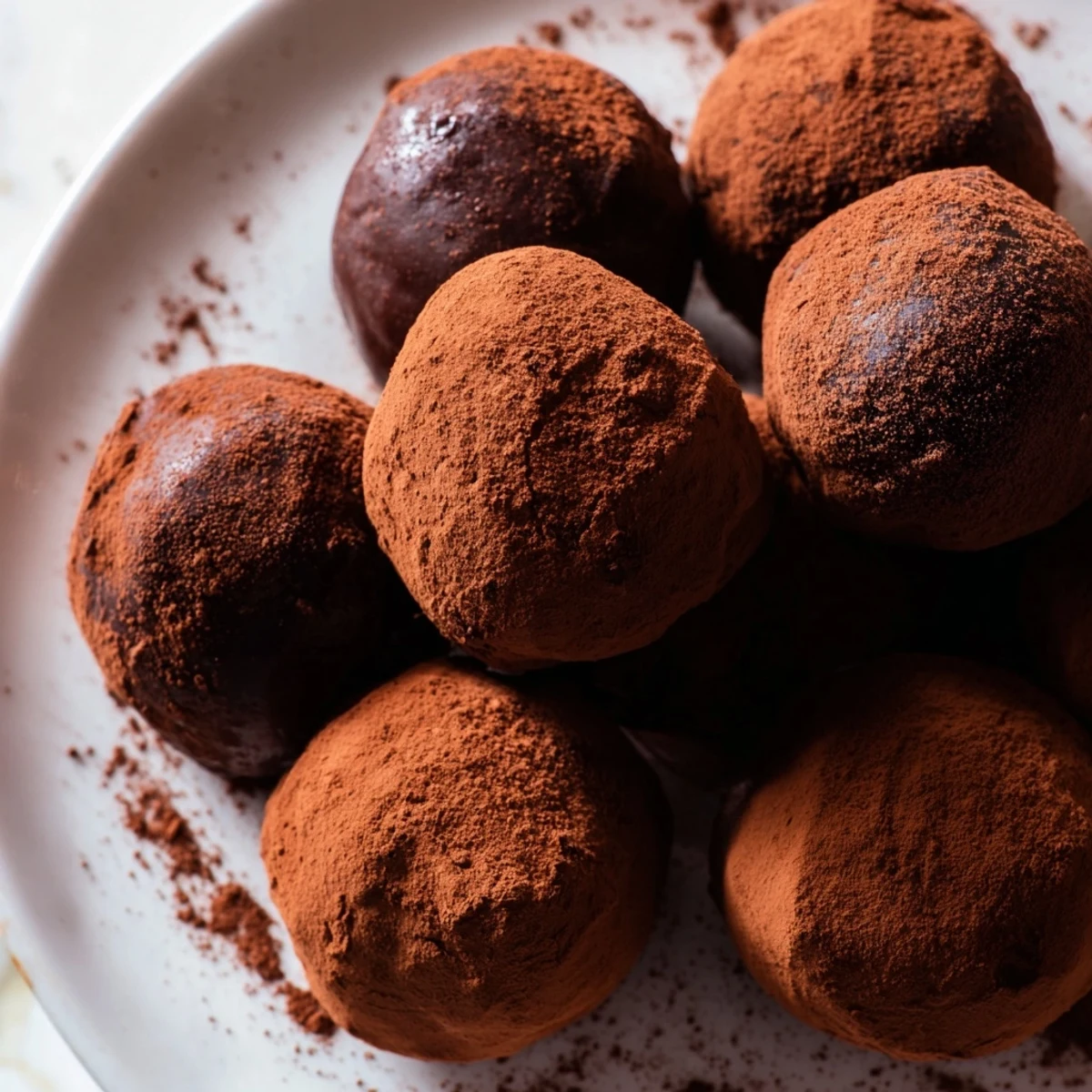 Shiny, round chocolate truffles coated in cocoa powder sit on a baking sheet lined with parchment paper.