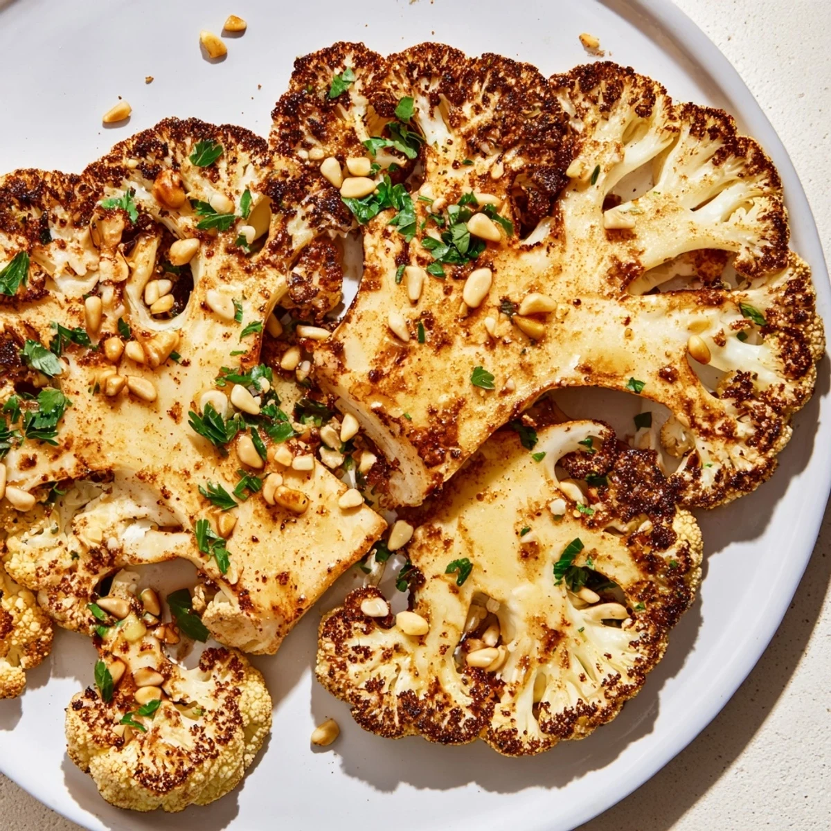 Golden-brown roasted cauliflower steaks with spices garnished with fresh parsley and lemon wedges.