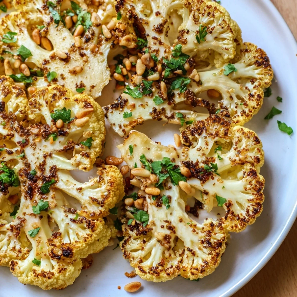 Oven-roasted cauliflower steaks with spices, brushed with olive oil, for a golden vegetarian side dish.