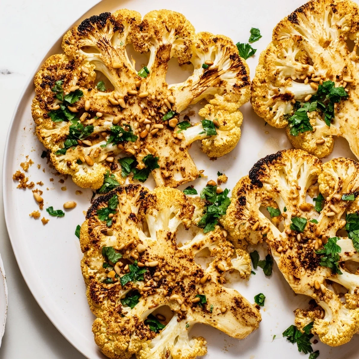 Hearty Roasted Cauliflower Steaks with Spices served as a vegan main with toasted pine nuts.