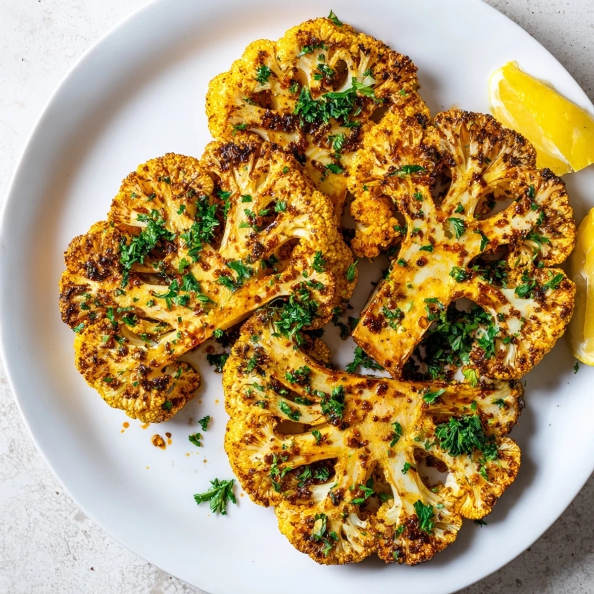 Golden-brown roasted cauliflower steaks with spices, garnished with fresh parsley and lemon wedges on a serving platter.
