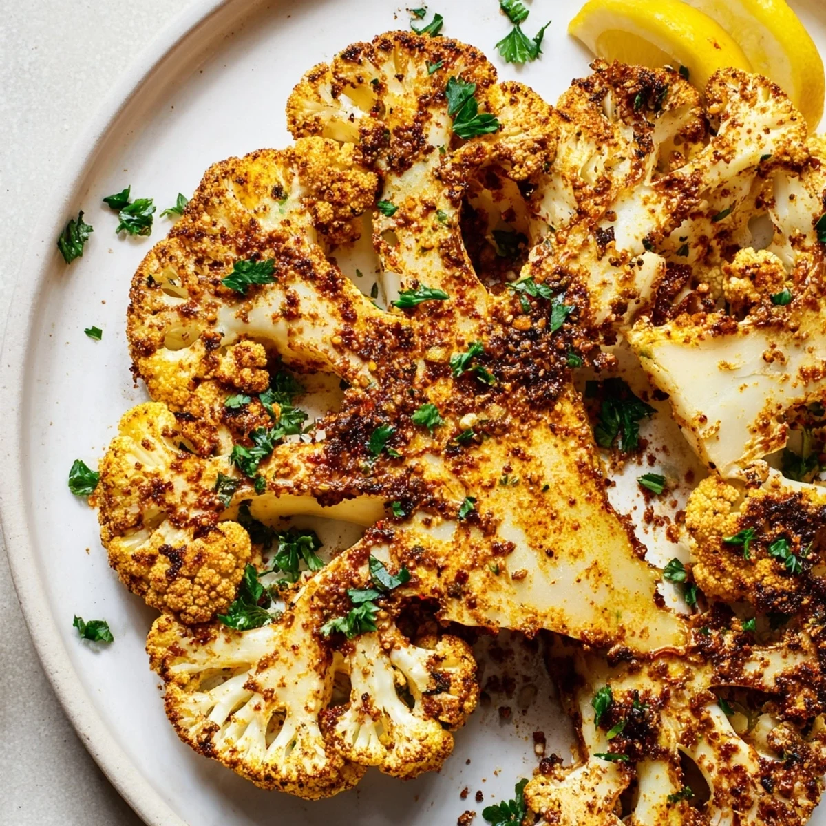 Vibrant spiced cauliflower steaks roasted to perfection, ready to serve as a plant-based main or side dish.