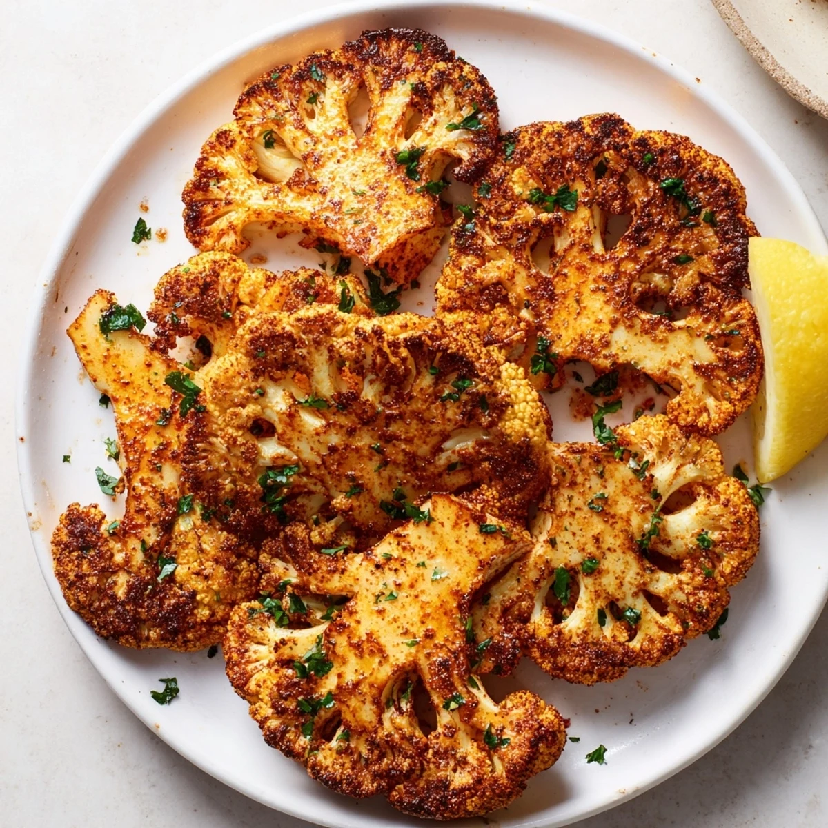Hearty vegan cauliflower steaks with aromatic spices, lemon wedges, and herbs on a rustic kitchen table.