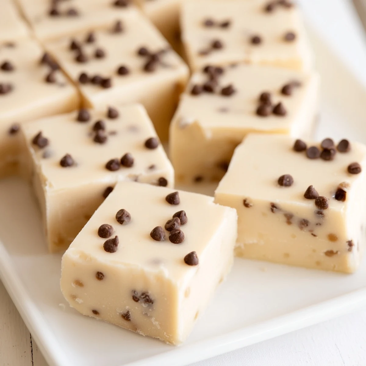 A close-up of Irish Cream Fudge squares with a smooth, creamy texture and mini chocolate chips on top, served on a white plate.