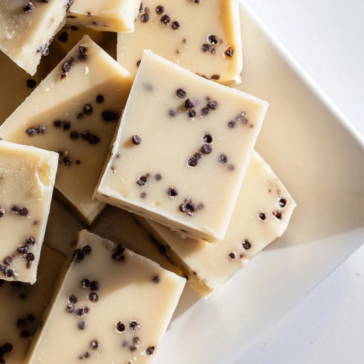 Golden-brown Irish Cream Fudge pieces stacked neatly on a marble countertop next to a steaming mug of coffee for a cozy dessert pairing.